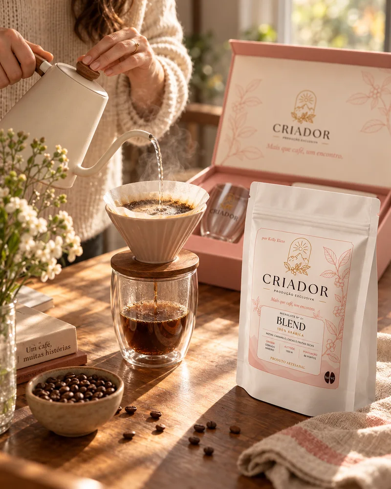 Kit Criador numa mesa com o café sendo preparado
